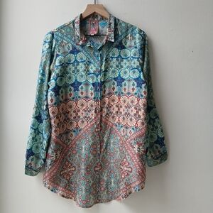 Johnny Was 100% Silk Button Front Tunic Top Women's Small